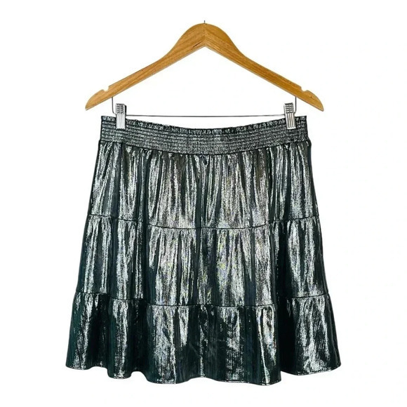 Ann Taylor LOFT Silver Metallic Tiered Mini‎ Skirt Elastic Women Size Medium - Picture 4 of 7